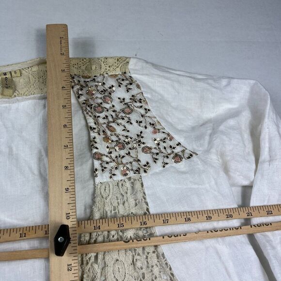 Marilu Womens Linen Blend Jacket White Open Front Lace Sequin Boho SMALL FLAW - Picture 7 of 12